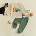 Baby Boy Fall Outfit Pumpkin Turkey Tractor Embroidery Long Sleeve Sweatshirt and Elastic Pants Clothes