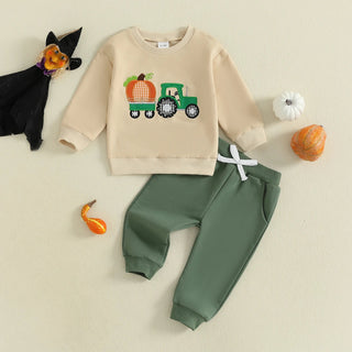 Baby Boy Fall Outfit Pumpkin Turkey Tractor Embroidery Long Sleeve Sweatshirt and Elastic Pants Clothes