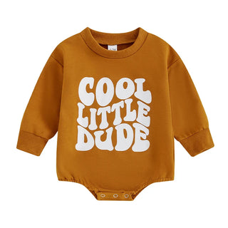 Baby Boy Cool Little Dude Bubble Romper Letter Print Round Neck Long Sleeve Casual Jumpsuit Bodysuit