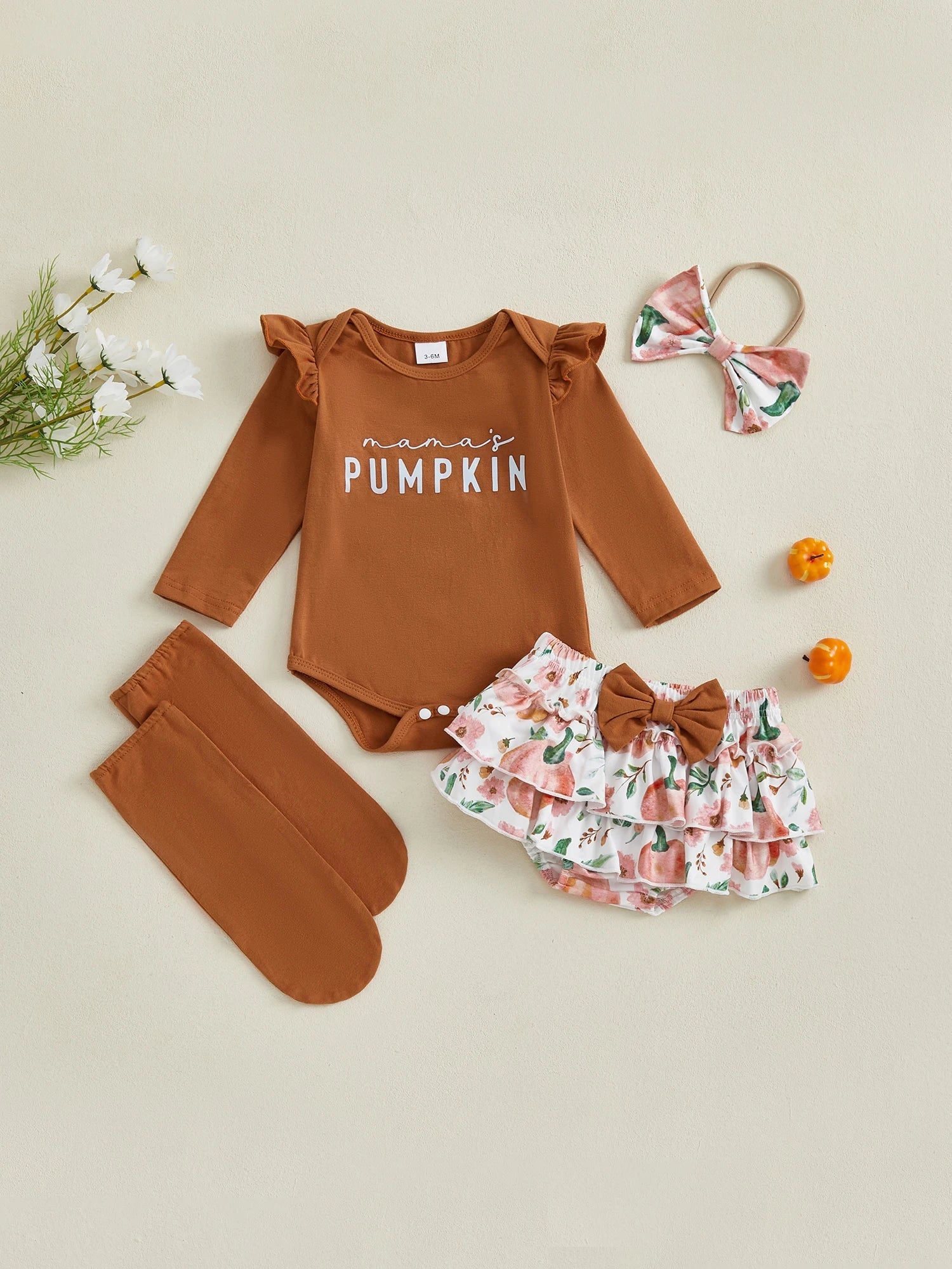 Baby Girls 4Pcs Halloween Outfit Letter Mama's Pumpkin Long Sleeve Romper Pumpkin Ruffle Shorts Skirt Bow Headband Solid Stockings Set