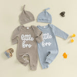 Baby Boys 2Pcs Autumn Striped Jumpsuit Long Sleeve Crewneck Letter Little Bro Embroidery Romper with Hat Set