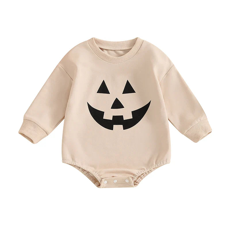 Baby Girls Boys Halloween Romper Casual Pumpkin Jack O Lantern Face Print Round Neck Long Sleeve Jumpsuit
