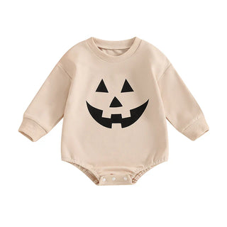 Baby Girls Boys Halloween Romper Casual Pumpkin Jack O Lantern Face Print Round Neck Long Sleeve Jumpsuit