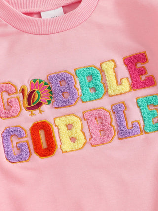 Baby Toddler Girls 2Pcs Thanksgiving Outfit Long Sleeve Turkey Gobble Embroidery Top + Pants Jogger Set Clothes