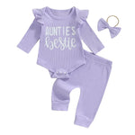 Baby Girls 3Pcs Auntie's Bestie Ribbed Letter Print Long Sleeve Round Neck Ruffled Romper Pants Hair Band Outfit Set