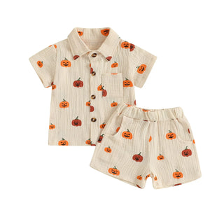 Baby Boys Halloween Outfits Pumpkin Print Button Short Sleeves T-Shirt and Elastic Shorts Set Clothes Set