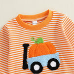 Baby Toddler Boy Girl 2Pcs Halloween Outfit Pumpkin Embroidery Boo Ghost Striped Long Sleeve Top and Elastic Jogger Pants Set