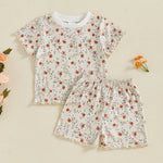 Baby Toddler Girls 2Pcs Set Floral Print Lettuce Trim Short Sleeve T-shirt Top Elastic Waist Shorts Summer Clothes Outfit