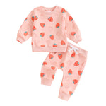 Baby Toddler Girls 2Pcs Fall Strawberry Print Outfit Long Sleeve Top Elastic Waist Pants with Pockets Set