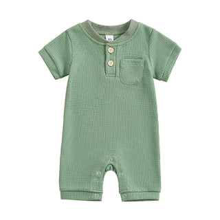 Baby Boy Girl Jumpsuit Summer Short Sleeve Solid Color Waffle Button Romper Playsuit