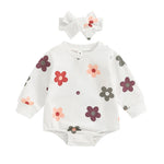 Baby Girls 2Pcs Buble Romper Floral Flowers Print Round Neck Long Sleeve Jumpsuit with Headband Fall Set