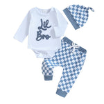 Baby Boys Girls 3Pcs Lil Bro / Sis Fall Outfit Letter Embroidery Long Sleeve Romper Checkered Print Pants Beanie Hat Set