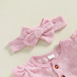 Baby Girls 3Pcs Set Checkered Button Long Sleeve Round Neck Ruffled Romper Long Pants Hair Band Outfit
