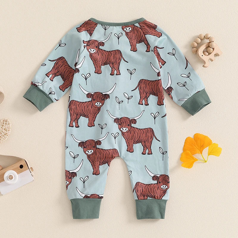 Baby Girls Boys Highland Cow Romper Print Long Sleeve Zipper Jumpsuit Fall Bodysuit
