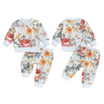 Baby Toddler Girls 2Pcs Fall Outfit Floral Flowers Print Long Sleeve Crewneck Top and Elastic Pants Set