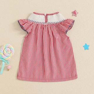 Baby Toddler Girls 4th of July Dress Loose Fit Plaid American Flag Embroidery Smocked Crew Neck Flying Sleeve Dress