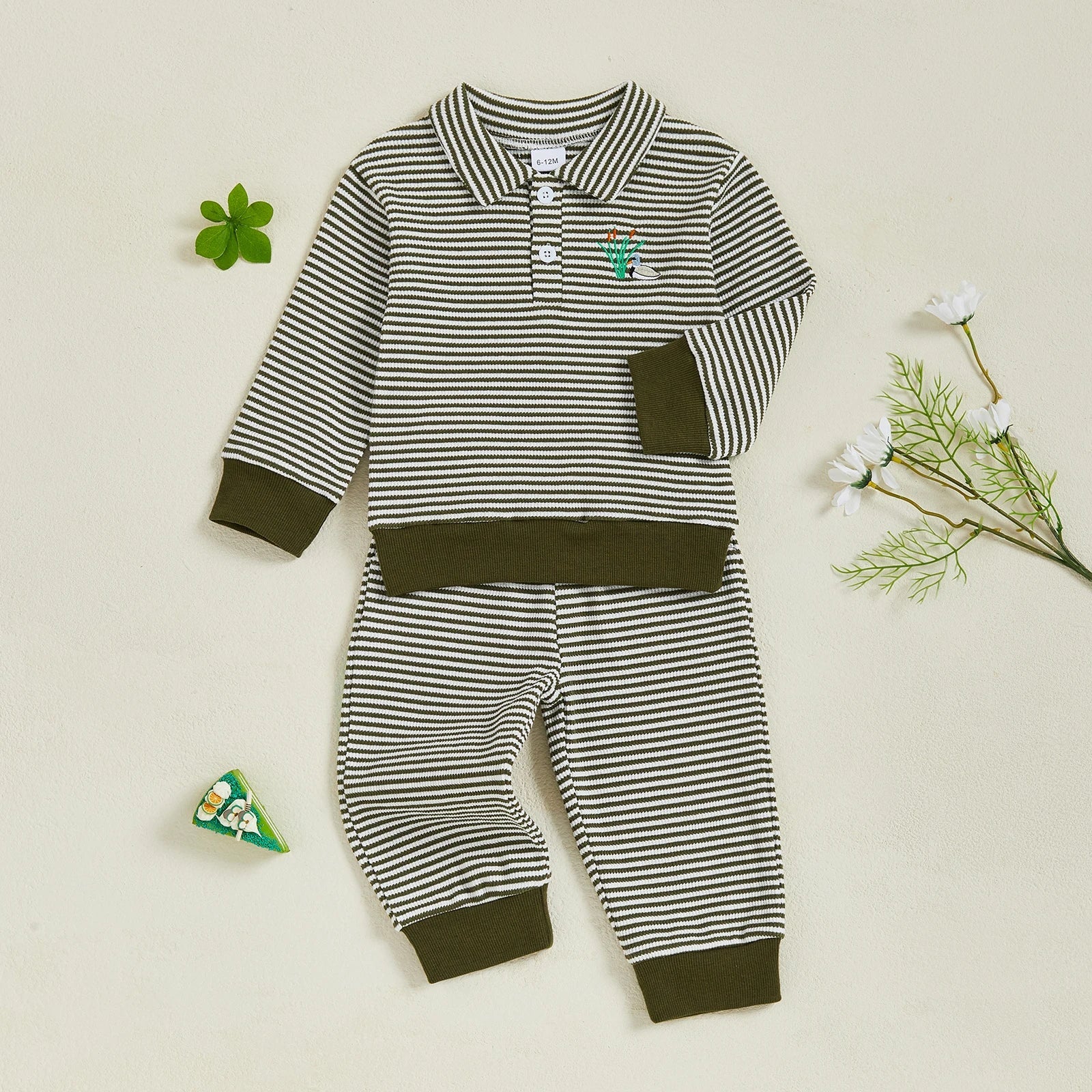 Baby Toddler Boys 2Pcs Long Sleeve Embroidery Duck Top with Striped Pants Infant Clothes Set