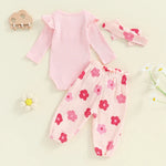 Baby Girls 3Pcs Fall Outfit Long Sleeve Ribbed Romper + Floral Flower Print Pants + Headband Set