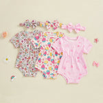 Baby Girls 2Pcs Elastic Waist Romper Floral Flowers / Bow / Strawberry Short Sleeve Bodysuit with Headband Clothes Set Outfit Spring Summer