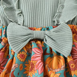 Baby Toddler Girls 2Pcs Fall Outfit Flower Print Ruffle Trim Long Sleeve Romper Dress Skirt Bow Headband Set