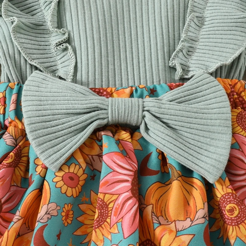Baby Toddler Girls 2Pcs Fall Outfit Flower Print Ruffle Trim Long Sleeve Romper Dress Skirt Bow Headband Set