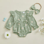 Baby Girl Fall Bubble Romper Daisy Print Long Sleeve Round Neck Bow Jumpsuit with Headband