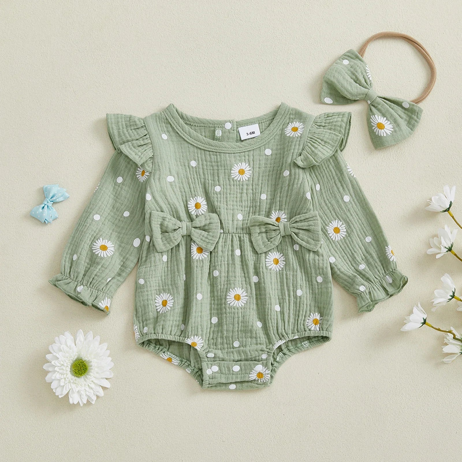 Baby Girl Fall Bubble Romper Daisy Print Long Sleeve Round Neck Bow Jumpsuit with Headband