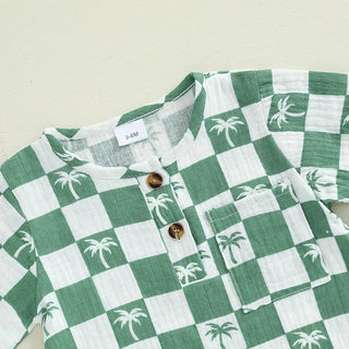 Baby Boy Romper Summer Short Sleeve Round Neck Checkered Tree Print Jumpsuit Playsuit