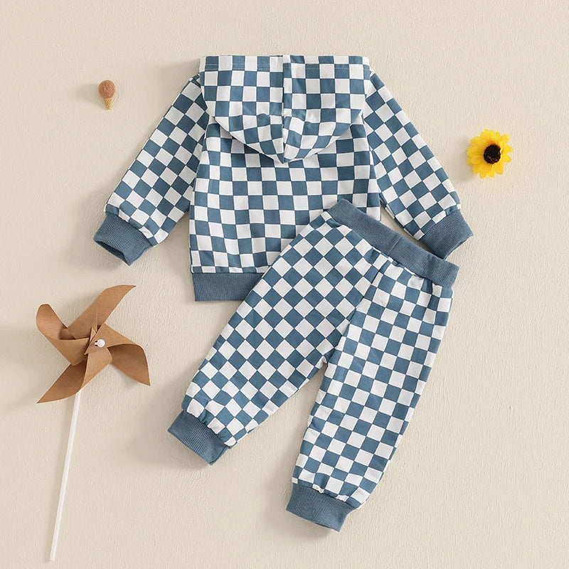 Baby Toddler Boy 2Pcs Checkered Outfit Long Sleeve Zip Up Hoodie Elastic Waist Pants with Pockets Jogger Set