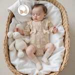 Baby Girl Fall Bubble Romper Daisy Print Long Sleeve Round Neck Bow Jumpsuit with Headband