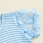 Toddler Kids Girls 2Pcs Summer Outfit Mesh Flower Sleeve Ribbed Top Floral Checker Print Skirt Set