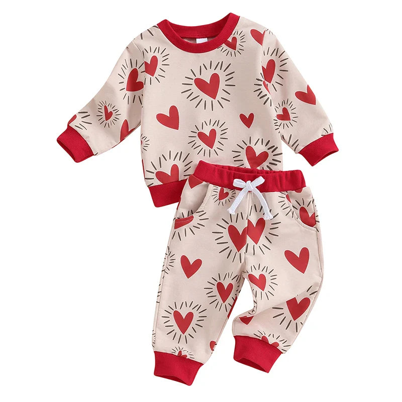 Toddler Baby Boy Girl 2Pcs Valentine’s Day Outfit Long Sleeve Heart Top + Pants Set