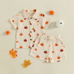 Baby Boys Halloween Outfits Pumpkin Print Button Short Sleeves T-Shirt and Elastic Shorts Set Clothes Set