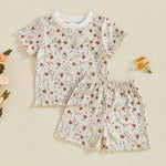 Baby Toddler Girls 2Pcs Set Floral Print Lettuce Trim Short Sleeve T-shirt Top Elastic Waist Shorts Summer Clothes Outfit