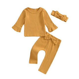 Baby Toddler Girls 3Pcs Outfit Long Flared Sleeve Round Neck Solid Color Top Ribbed Pants Headband Set