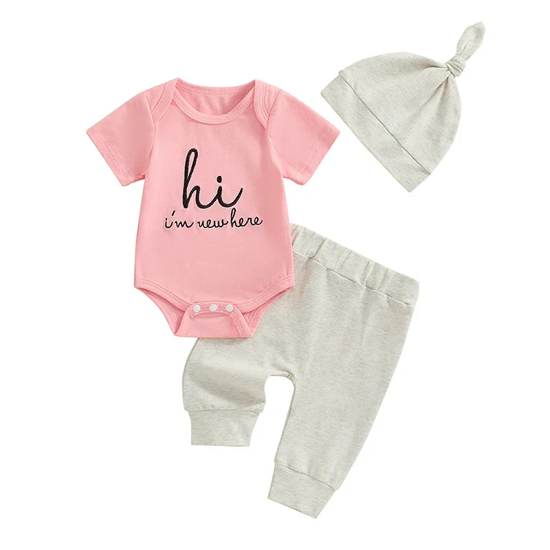 Baby Girl Boy 3Pcs Hi I'm New Here Outfit Letter Embroidery Short Sleeve Romper Elastic Waist Long Pants Hat Clothes Set