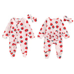Baby Girls 2Pcs Long Sleeve Strawberry Flower Butterfly Print Frills Zipper Footies Jumpsuit and Headband Romper Set