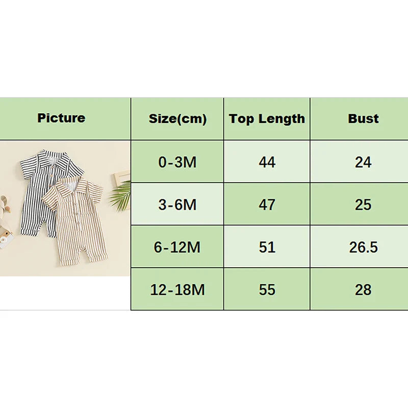 Baby Boy Striped Romper Short Sleeve Front Pocket Single-breasted Button Collar Legs Jumpsuit