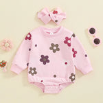 Baby Girls 2Pcs Buble Romper Floral Flowers Print Round Neck Long Sleeve Jumpsuit with Headband Fall Set