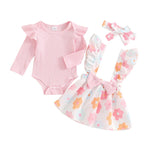 Baby Girls 3Pcs Fall Outfit Long Sleeve Ribbed Romper + Bow Suspender Flower Print Skirt + Headband Set