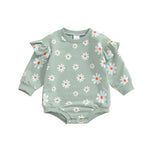 Baby Girl Bubble Romper Flower Daisy Print Round Neck Long Sleeve Jumpsuit