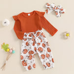 Baby Girls 3Pcs Halloween Outfit Ribbed Long Sleeve Frill Sleeve Romper and Elastic Pumpkin Flower Print Pants Headband Set