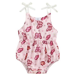 Baby Girls Summer Romper Flower/Butterfly Print Bow Tie Strap Tank Top Sleeveless Round Neck Jumpsuit