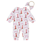 Baby Girl 2Pcs Fall Jumpsuit Ruffled Zip Up Boots Ribbons Print Long Sleeve Round Neck Zipper Romper Bow Headband Set