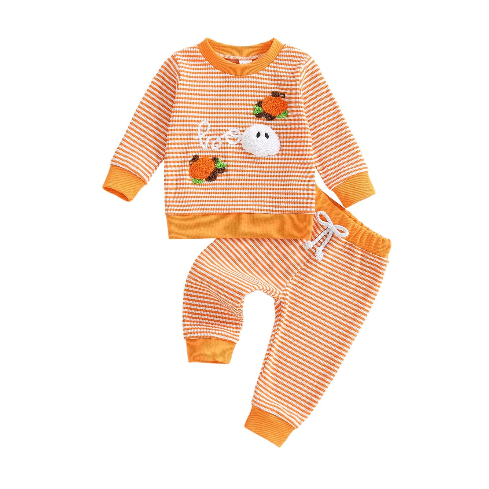 Baby Toddler Boy Girl 2Pcs Halloween Outfit Pumpkin Embroidery Boo Ghost Striped Long Sleeve Top and Elastic Jogger Pants Set