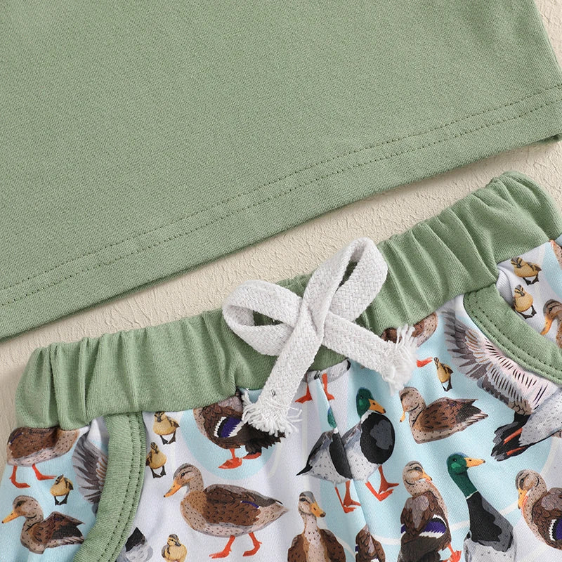 Baby Toddler Boys 2Pcs Outfit Summer Spring Duck Embroidery Short Sleeve T-Shirt Top and Elastic Waist Jogger Pants Set