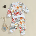 Baby Toddler Girls 2Pcs Fall Outfit Floral Flowers Print Long Sleeve Crewneck Top and Elastic Pants Set