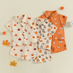 Baby Boys Halloween Outfits Pumpkin Print Button Short Sleeves T-Shirt and Elastic Shorts Set Clothes Set
