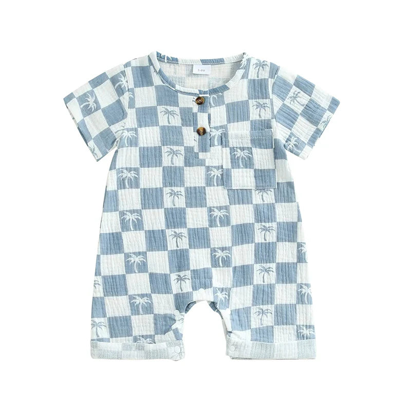 Baby Boy Romper Summer Short Sleeve Round Neck Checkered Tree Print Jumpsuit Playsuit