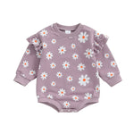 Baby Girl Bubble Romper Flower Daisy Print Round Neck Long Sleeve Jumpsuit